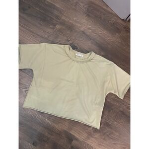 JEU Crew Neck Oversized Drop Shoulder T Shirt Top Khaki Green Size S